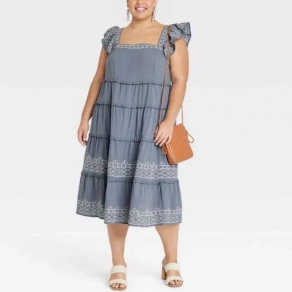 (1X)- Knox Rose Women's Ruffle Short Sleeve Embroidered Tiered A-Line Dress